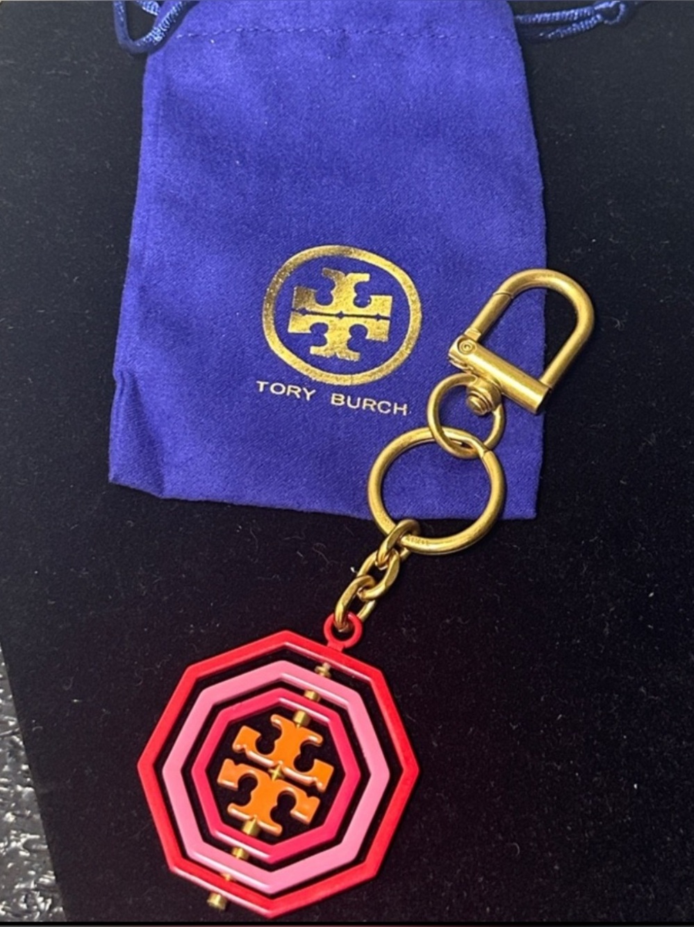 Tory Burch Pink & Red Enamel Octagon Logo Keyring